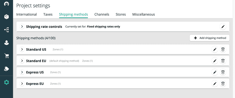 Example Shipping Methods for standard and express rates to the US and EU
